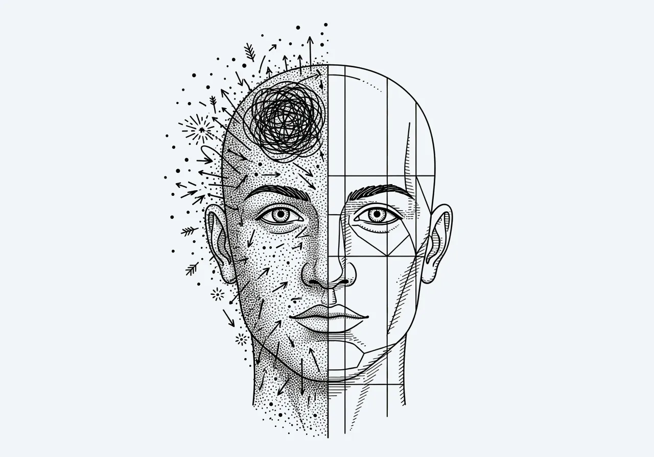 Line-art human head split between scattered energy and geometric order