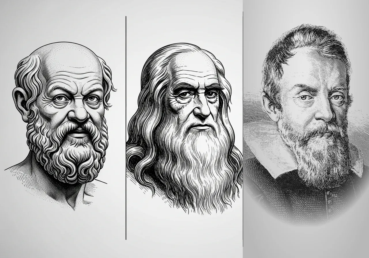 Portraits of Socrates, Leonardo da Vinci and Galileo Galilei